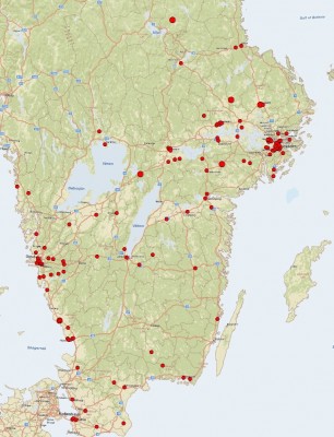 Ju större punkt ju flera medlemmar i postnummret